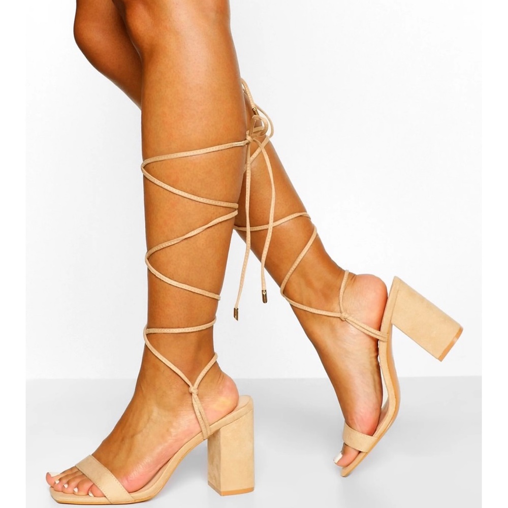 Nude tie up strap block heels